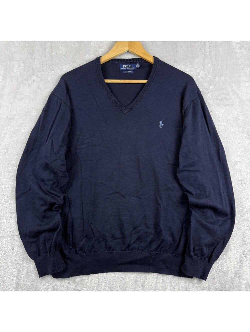 Polo Ralph Lauren Men XL Navy Pima Cotton V-Neck Sweater Pony Logo Pullover Prep